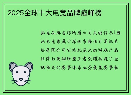 2025全球十大电竞品牌巅峰榜